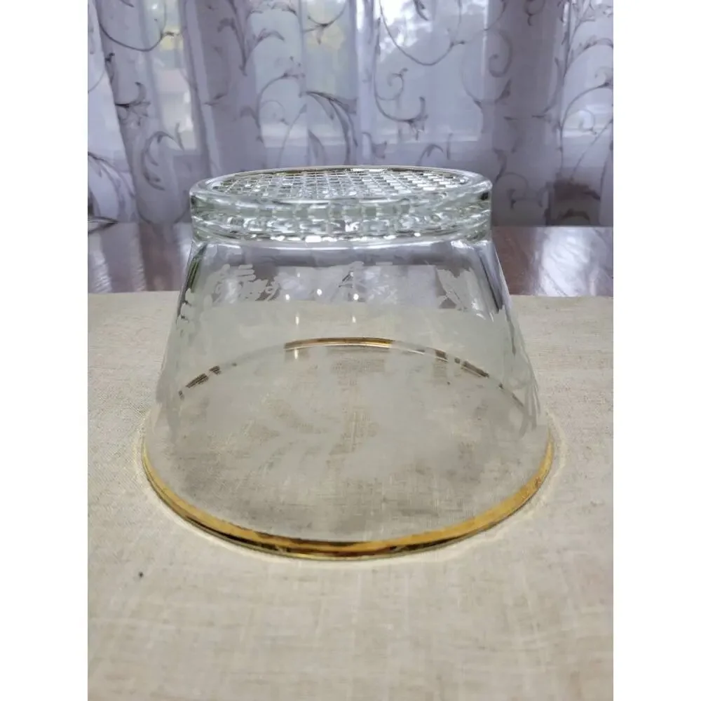 Vintage Glass Ice Bowl Bucket , Grapevine Etched, Gold Trim, Serving Dish
